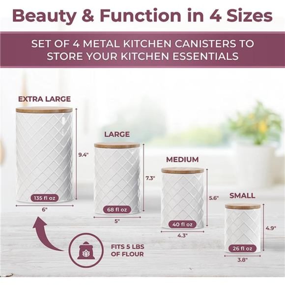 White Metal Canister Sets for Kitchen Counter, Kitchen Canisters Set of 4 - Picture 2 of 6
